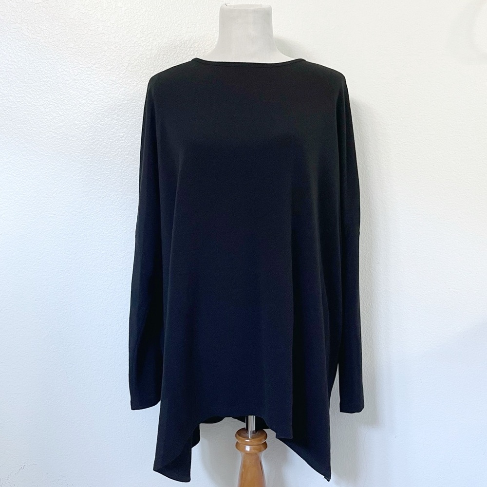 Black Asymmetric Hem Dolman Sleeve Knit Top with Buttons | Clara Sun Woo, 1X